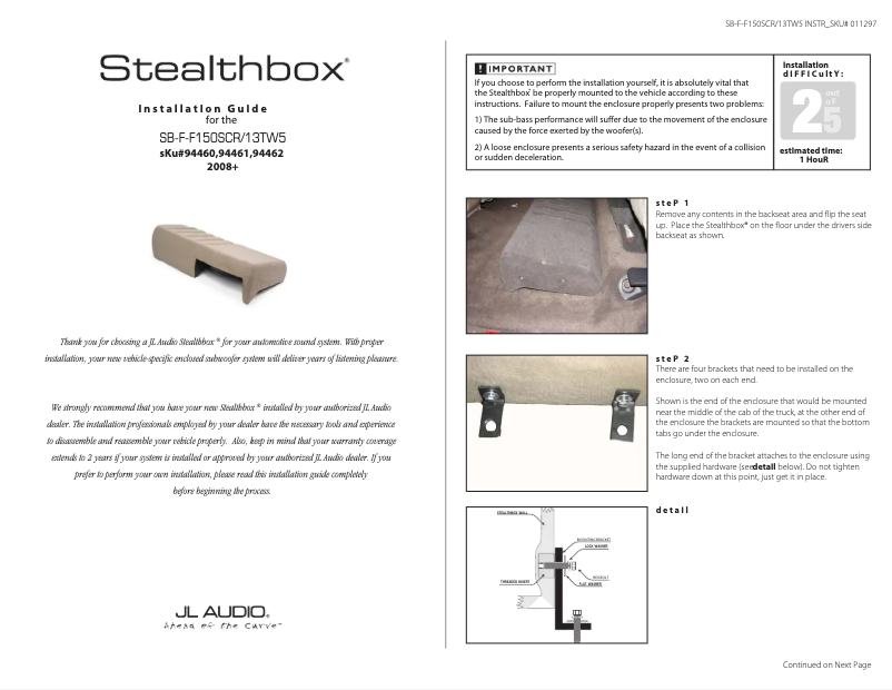 Page 1 of the manual User Manual JL Audio Stealthbox SB-F-150-SPRCRW/13TW5v2/TN