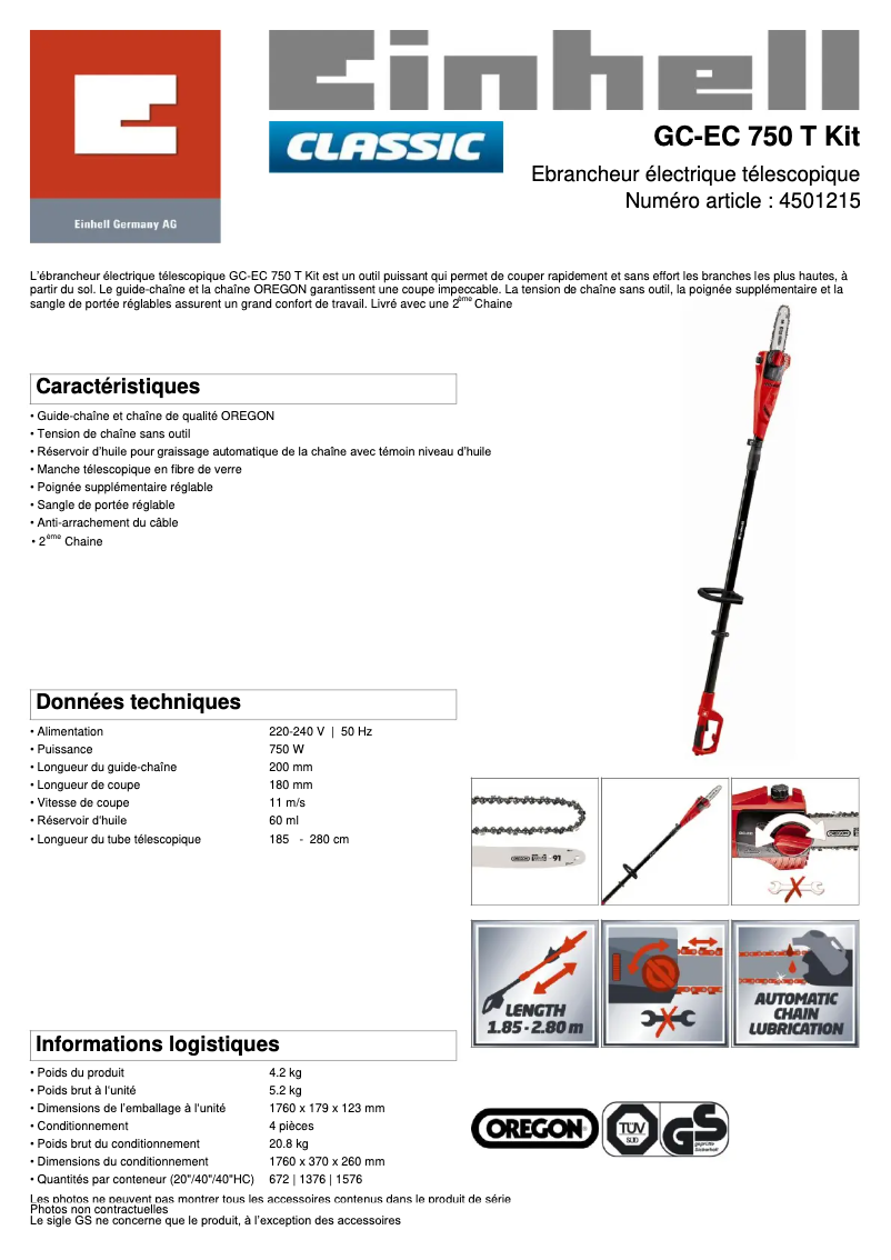 Page 1 de la notice Fiche technique Einhell GC-EC 750 T Kit