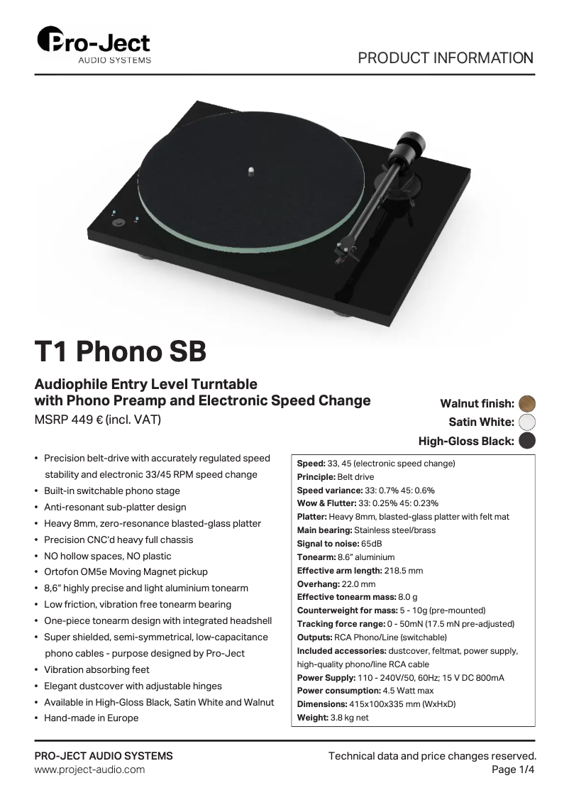 Página 1 del manual Ficha técnica Pro-Ject T1 Phono SB