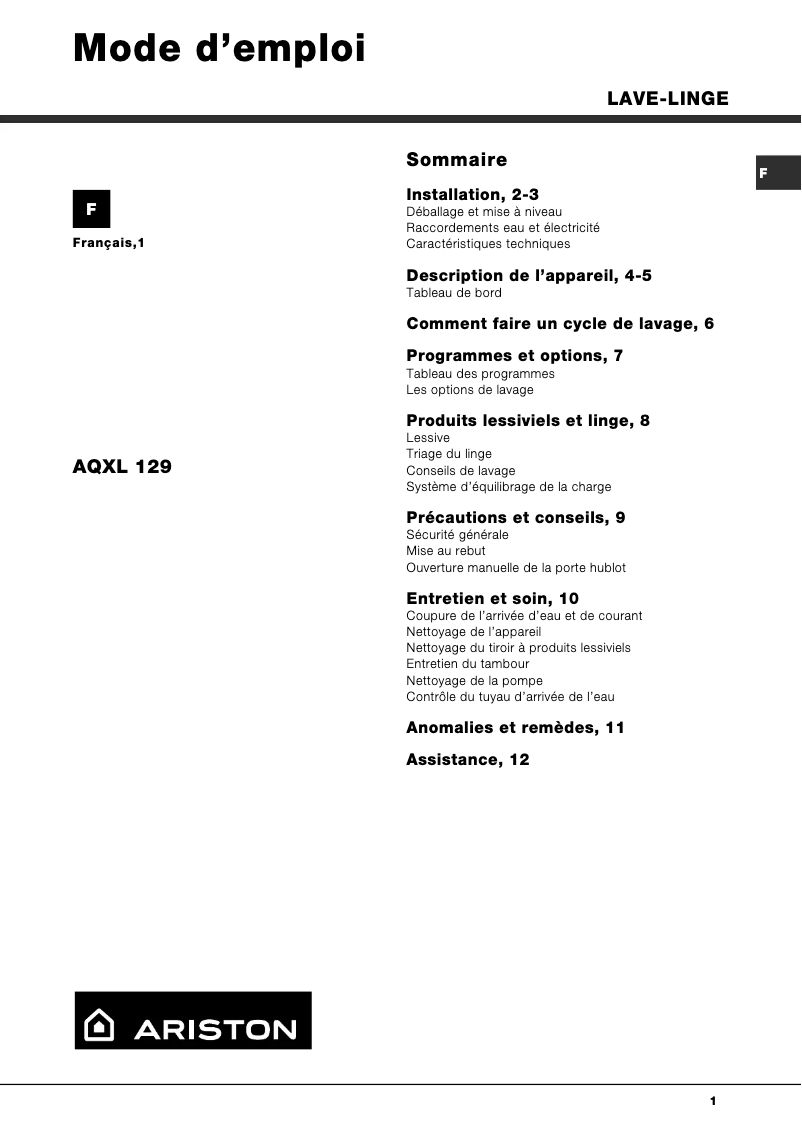 Page n°1 - Manuel utilisateur Ariston Thermo AQXL129