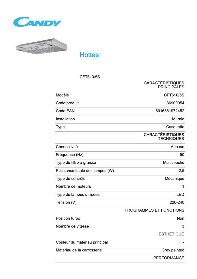 Page 1 de la notice Fiche technique Candy CFT610/5S