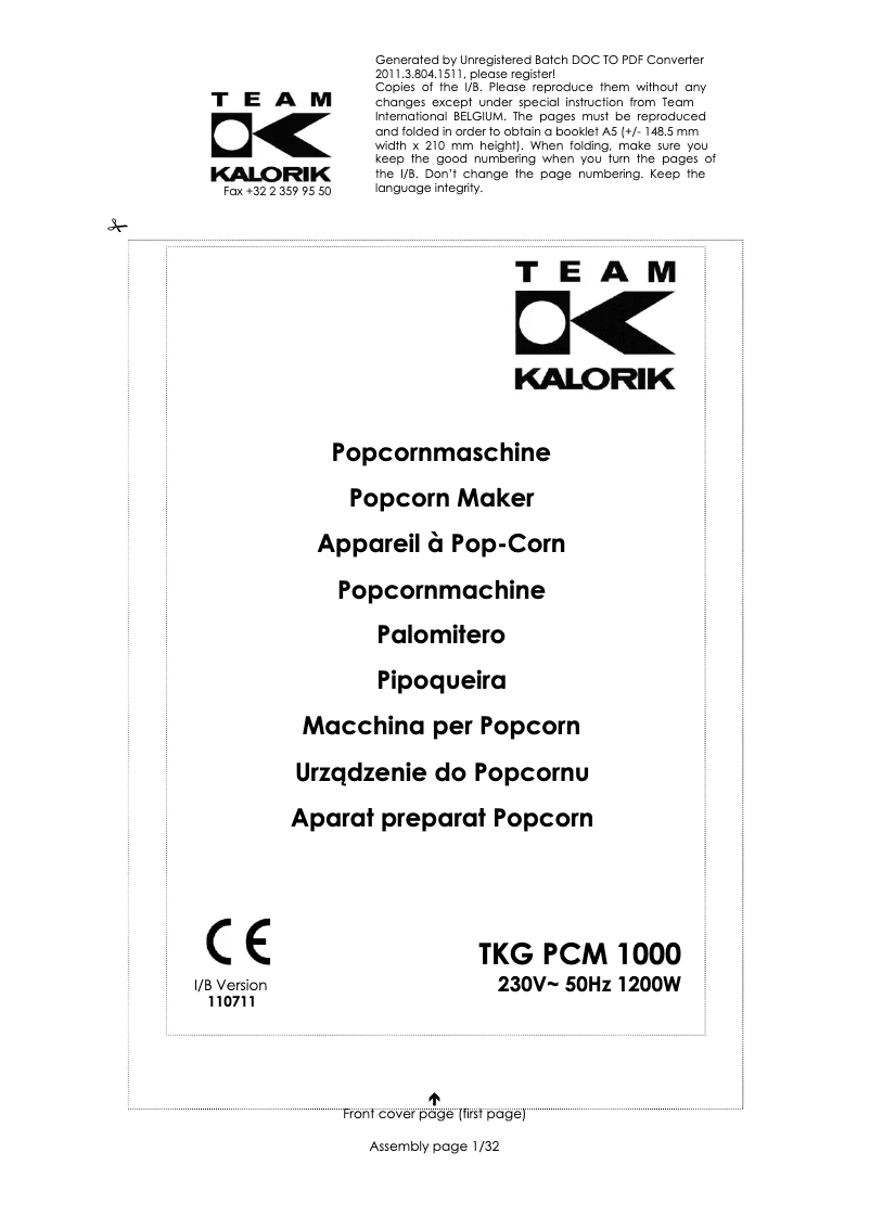 Page 1 de la notice Manuel utilisateur Kalorik TKG PCM 1000