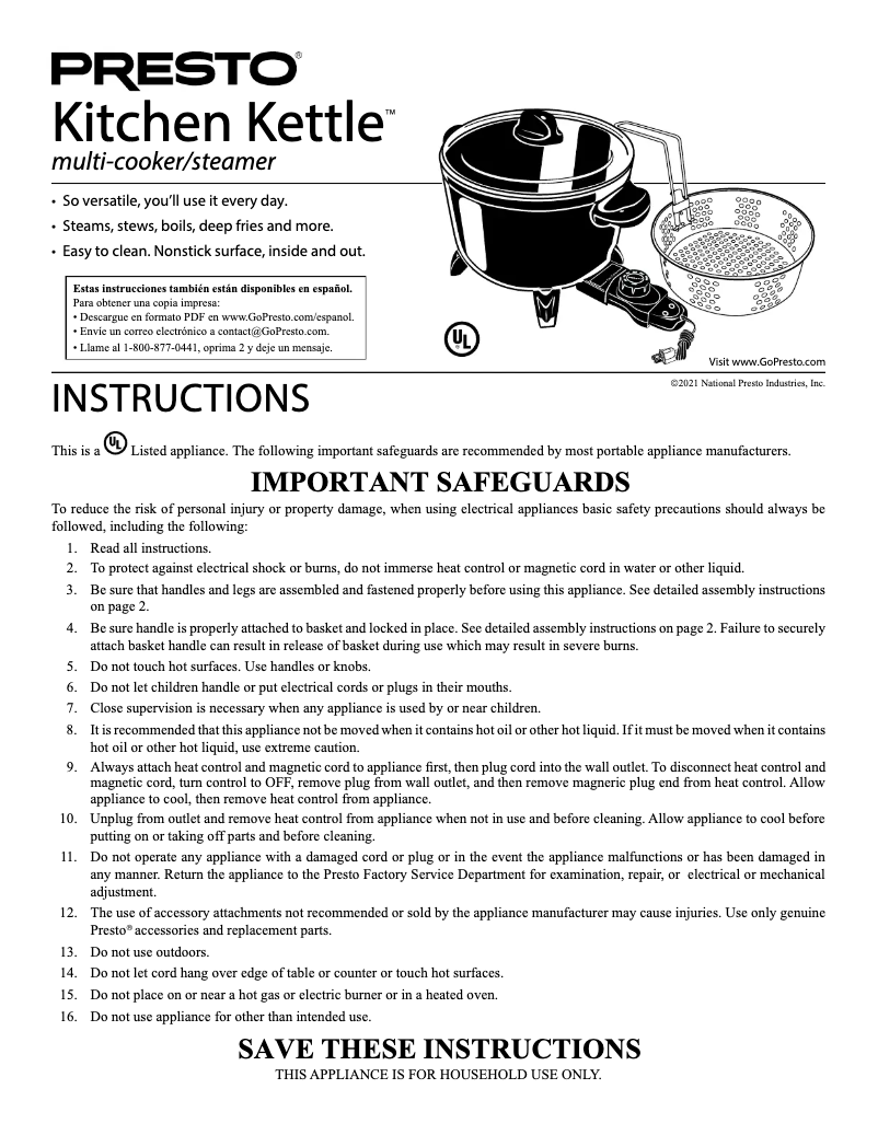 Page 1 de la notice Manuel utilisateur Presto Kitchen Kettle