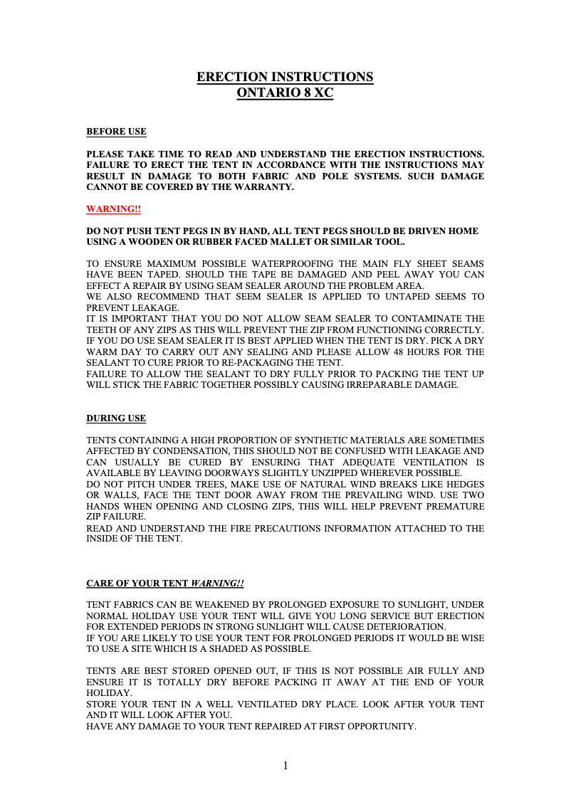 Page n°1 - Manuel utilisateur Khyam Ontario 8 XC