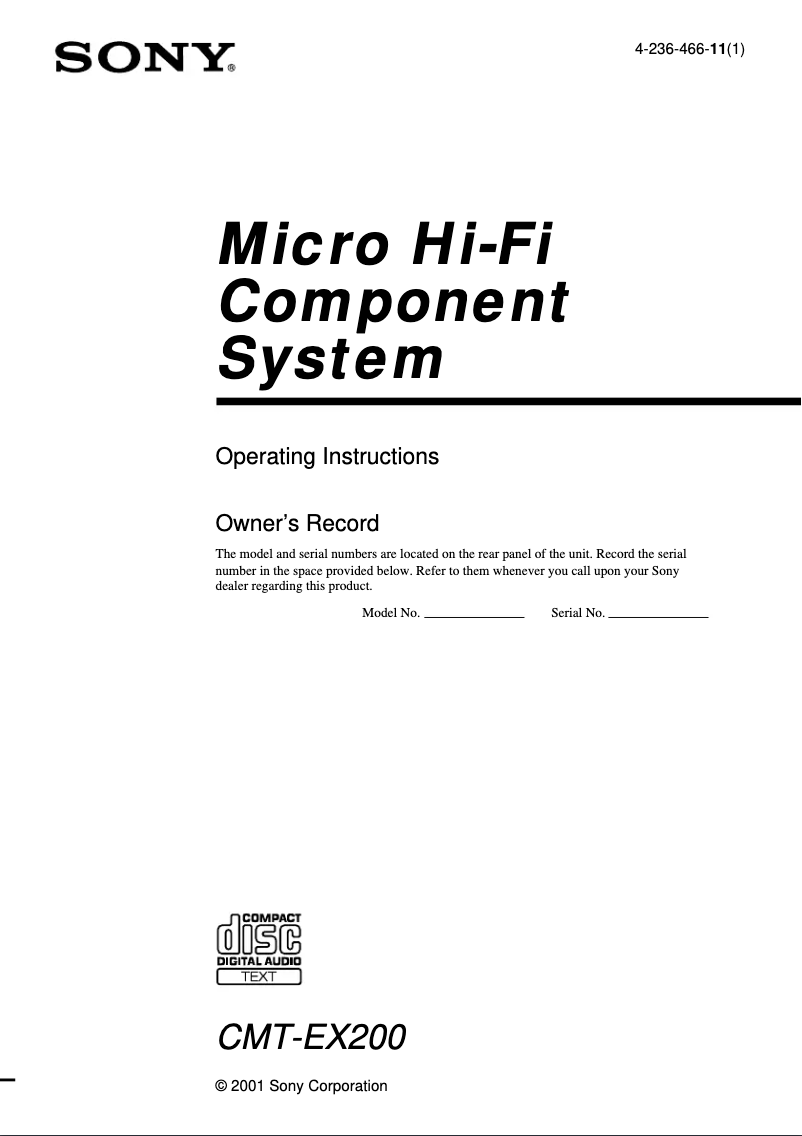 Page 1 de la notice Manuel utilisateur Sony CMT-EX200
