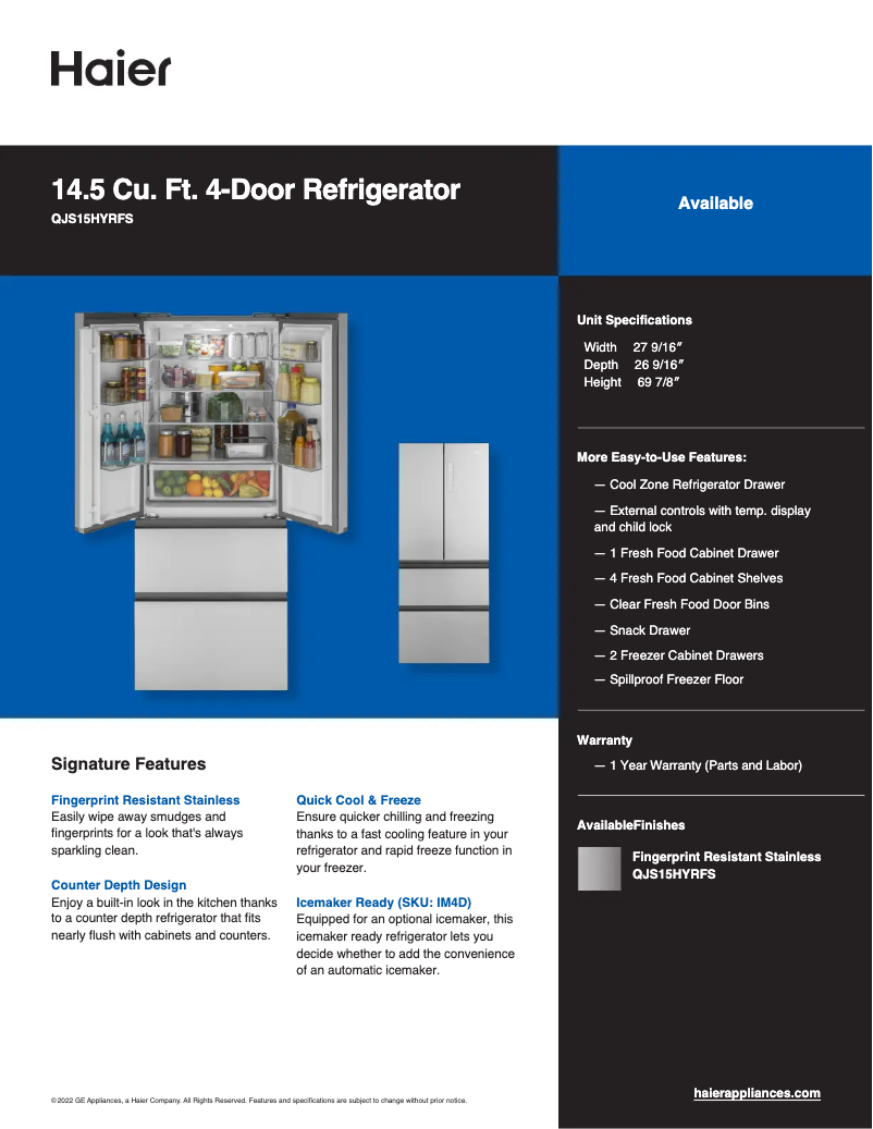 Page n°1 - Fiche technique Haier QJS15HYRFS