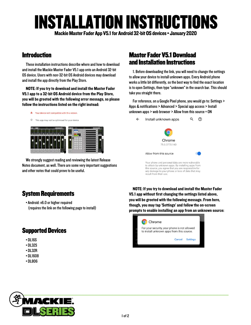 Page 1 de la notice Guide d'installation Mackie Master Fader Control App