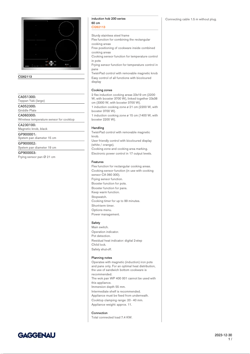 Page n°1 - Fiche technique Gaggenau CI262113
