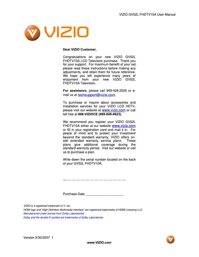 Page n°1 - Manuel utilisateur VIZIO GV52L
