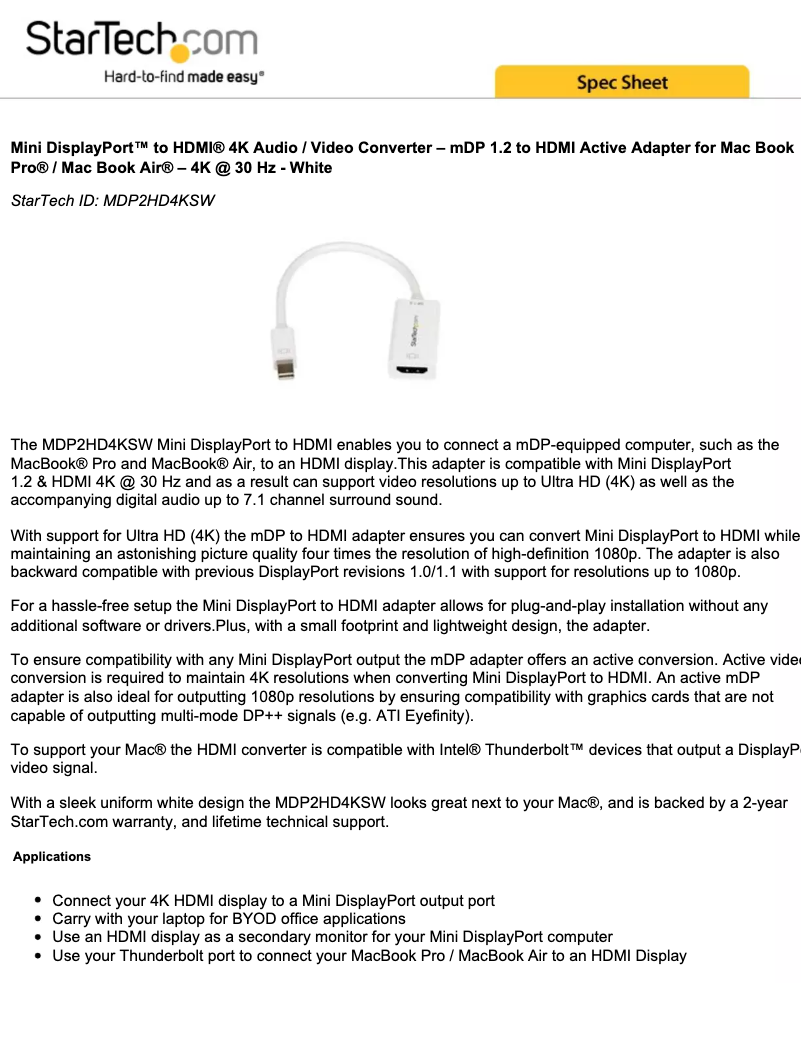 Page n°1 - Manuel utilisateur StarTech.com MDP2HD4KSW