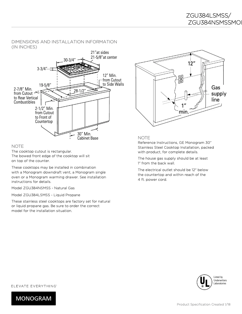 Page 1 de la notice Fiche technique GE ZGU384LSMSS