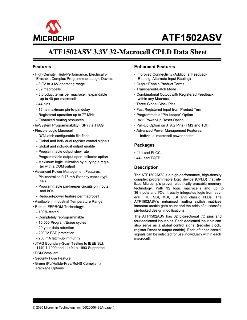 Page 1 de la notice Fiche technique Microchip ATF1502ASV