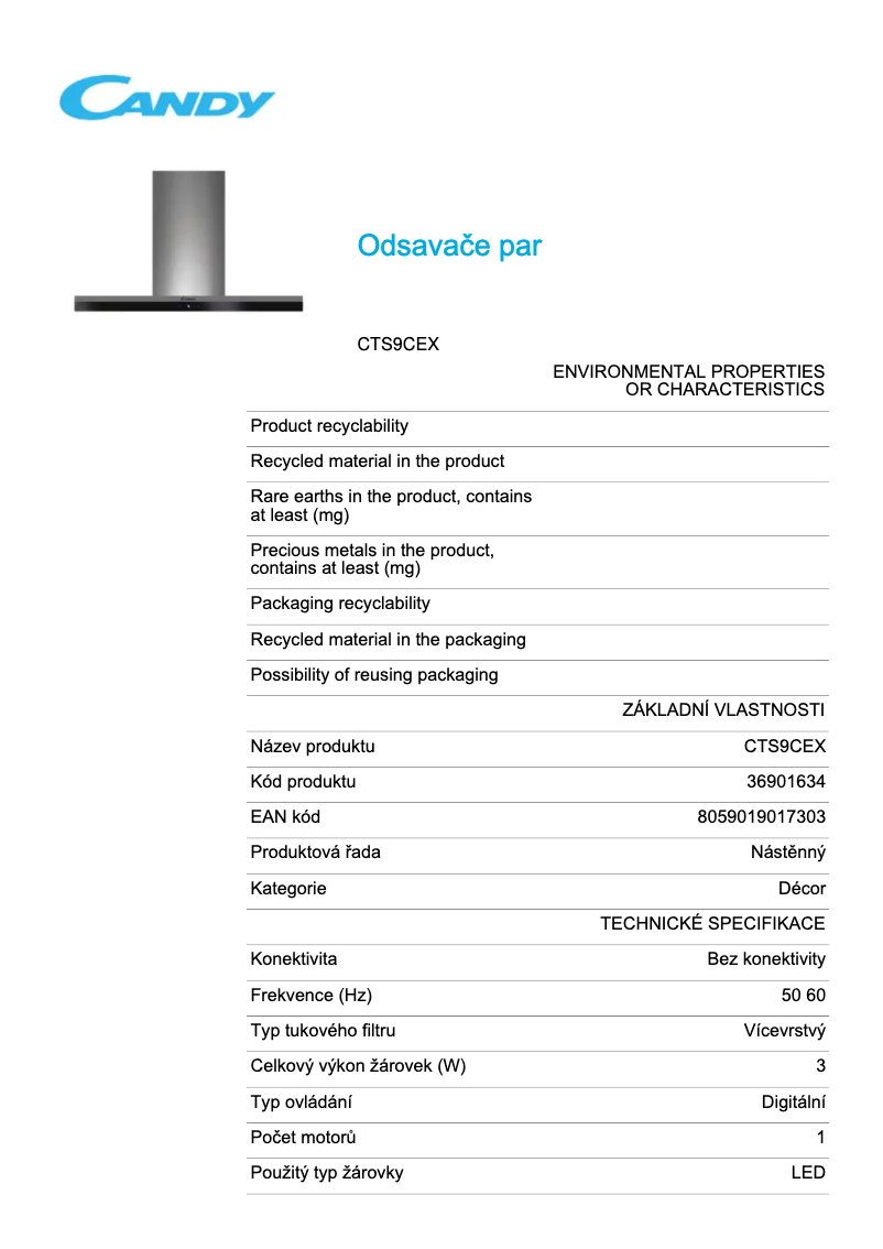 Page 1 de la notice Fiche technique Candy CTS9CEX