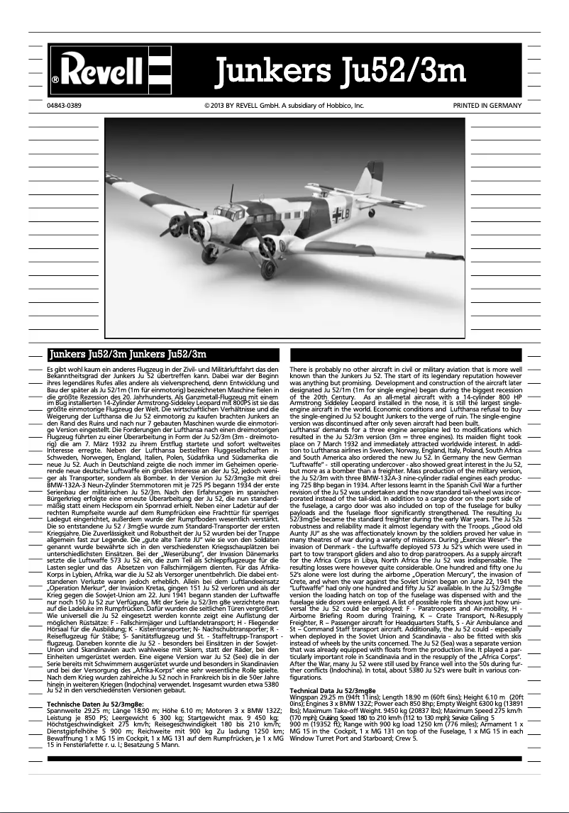 Page n°1 - Manuel utilisateur Revell Junkers Ju52/3m