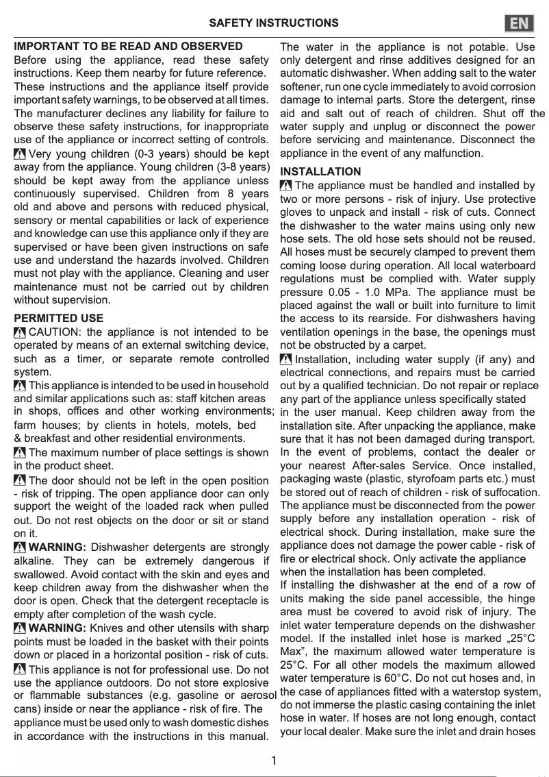 Page 1 de la notice Instructions / montage Hotpoint HI 5030 WEF