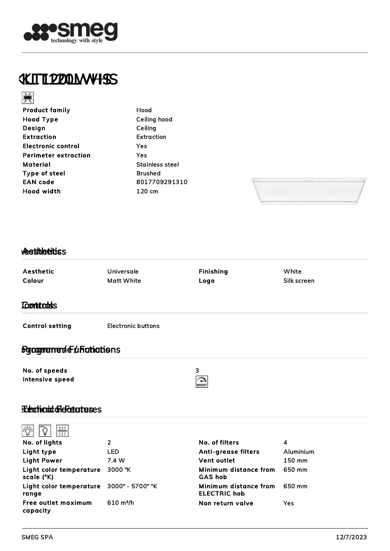 Page 1 de la notice Fiche technique Smeg KLT120LWHS
