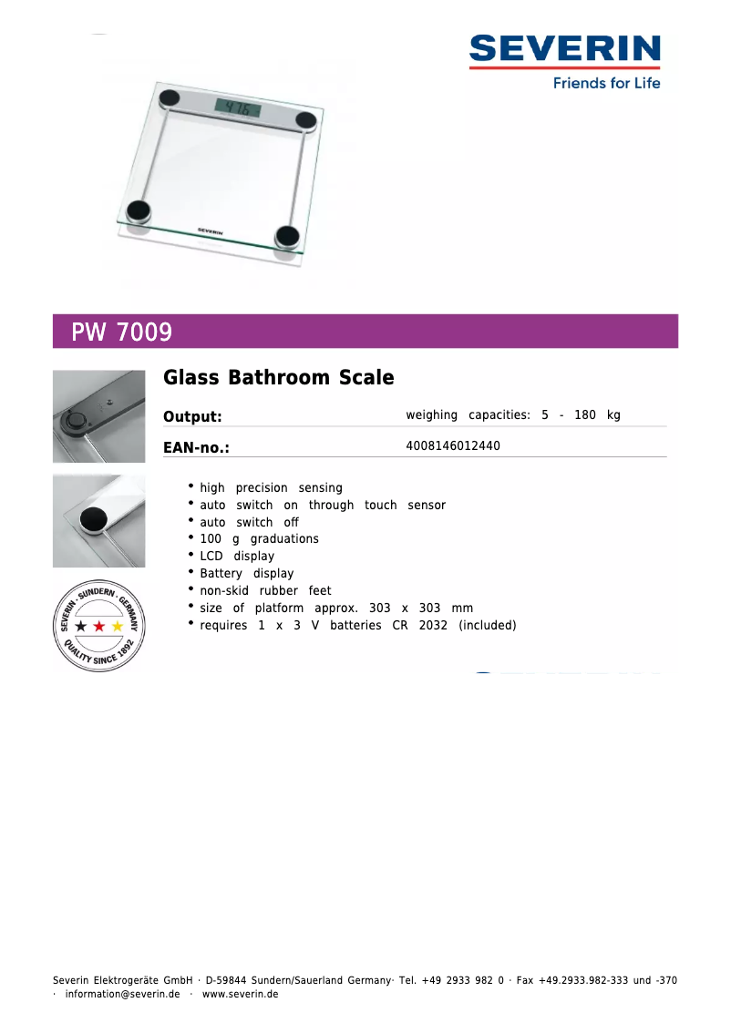 Page 1 de la notice Fiche technique Severin PW 7009