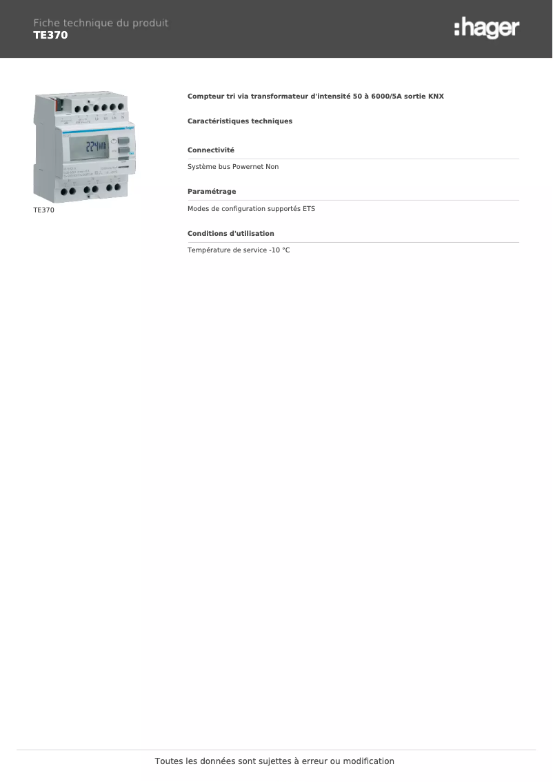 Page 1 de la notice Fiche technique Hager TE370