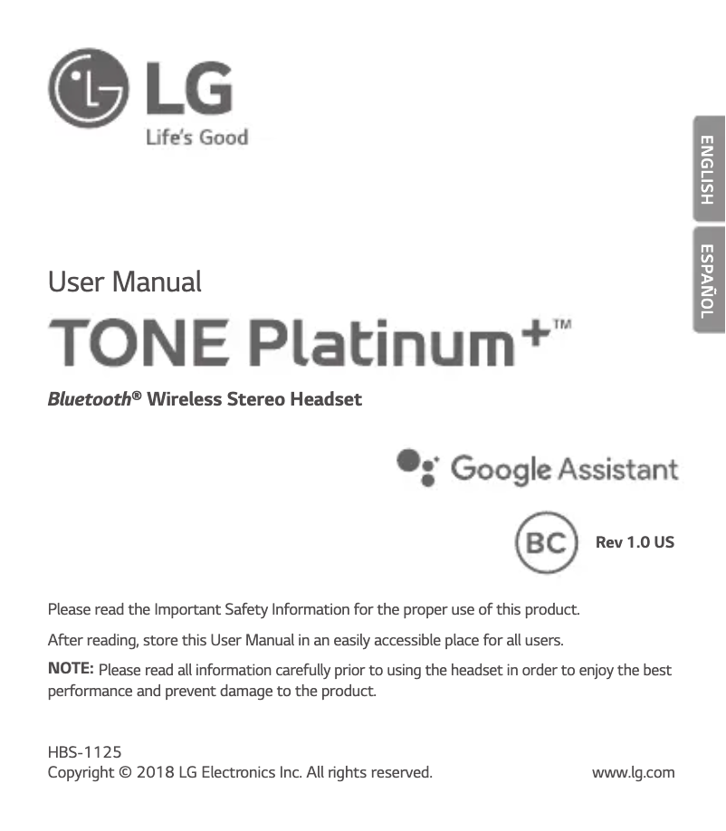 Page 1 de la notice Manuel utilisateur LG Tone Platinum+ HBS-1125