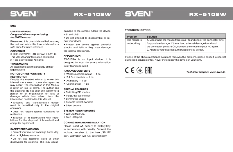 Page 1 de la notice Manuel utilisateur Sven RX-510SW