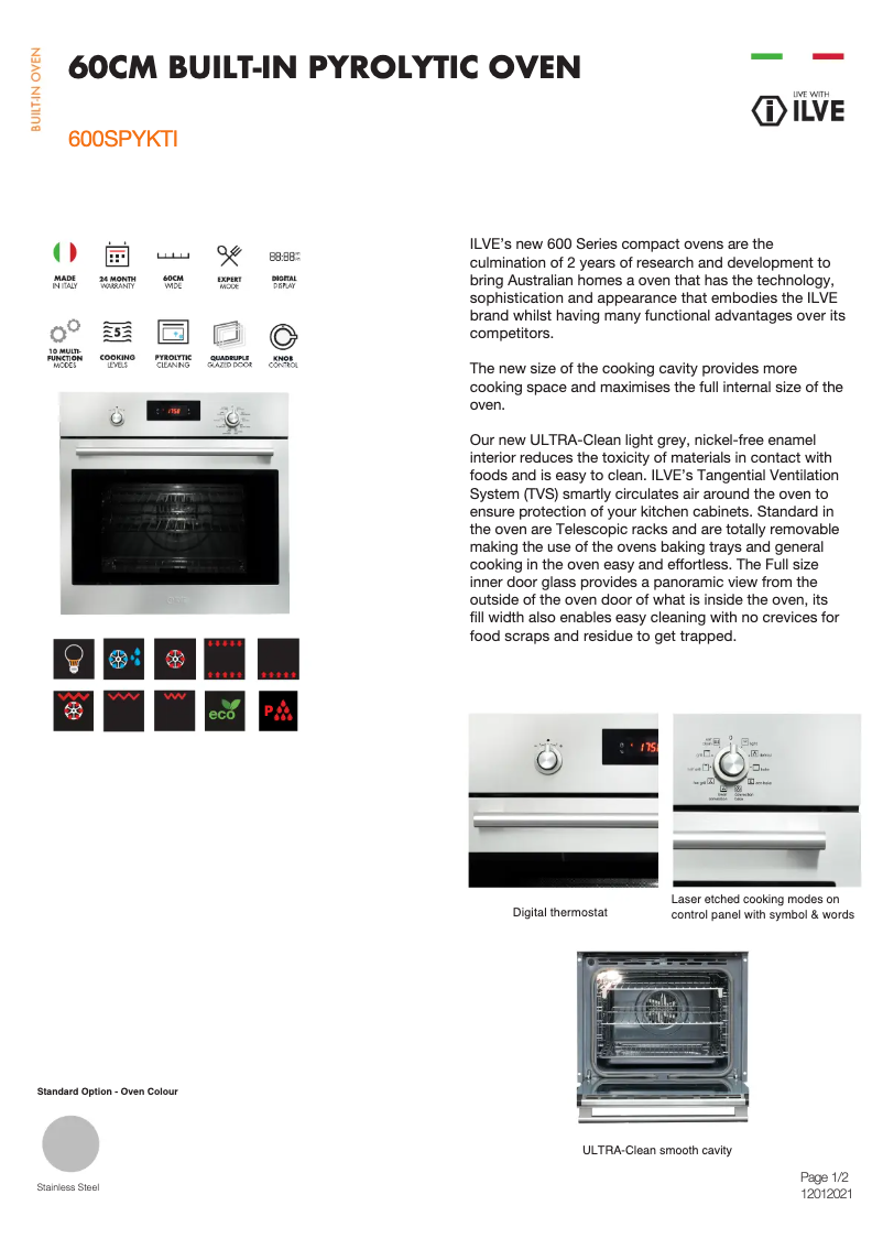 Page 1 de la notice Fiche technique Ilve 600SPYKTI