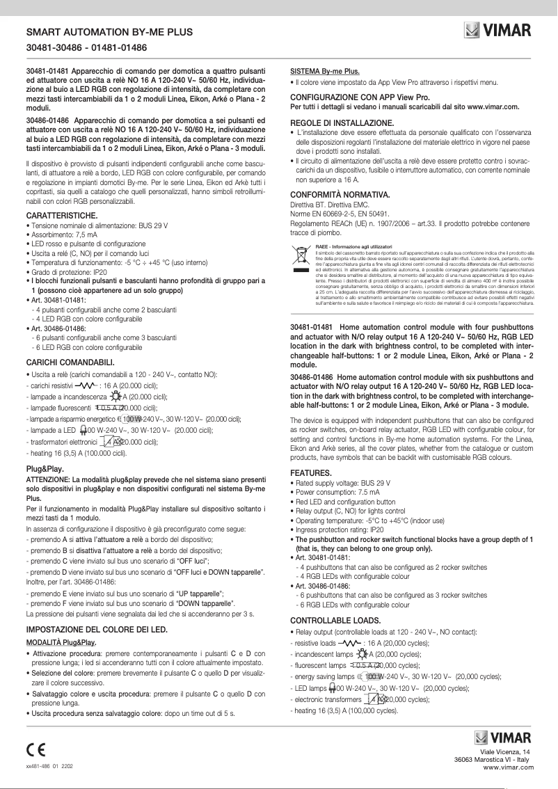 Page 1 de la notice Manuel utilisateur Vimar 30486