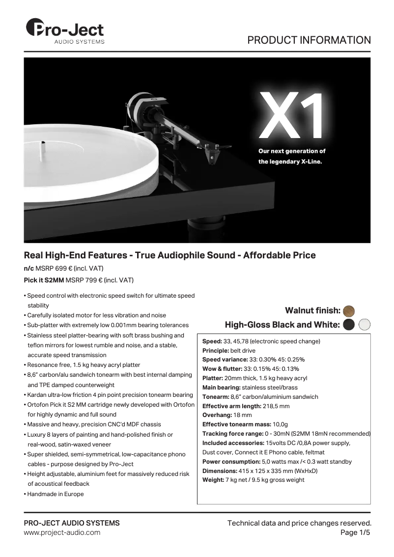 Page 1 de la notice Fiche technique Pro-Ject X1