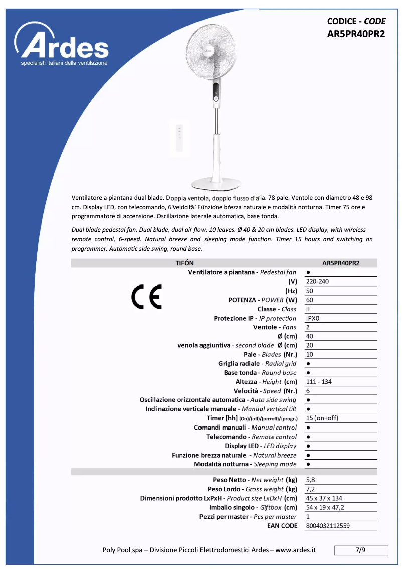 Page 1 de la notice Fiche technique Ardes AR5PR40PR2