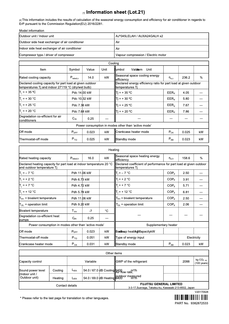 Page 1 de la notice Fiche technique Fujitsu Airstage AJY045LELAH