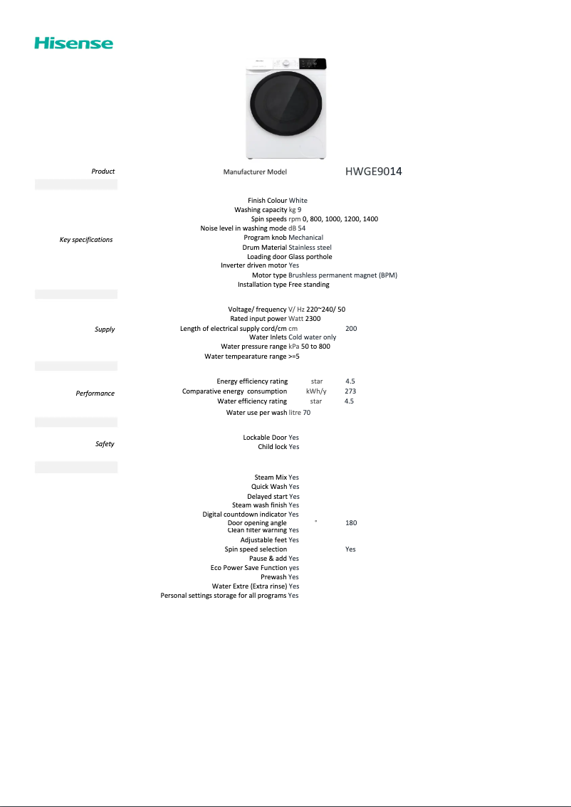 Page n°1 - Fiche technique Hisense HWGE9014