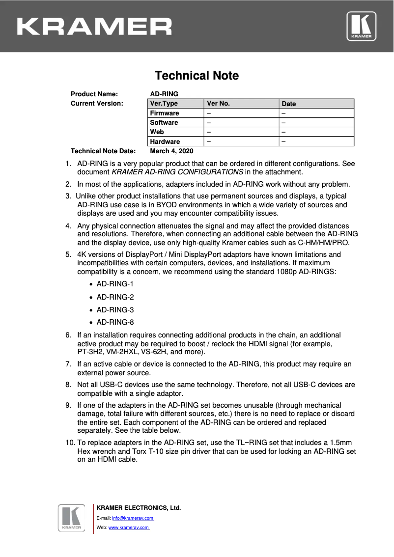 Page 1 de la notice Manuel utilisateur Kramer AD-RING