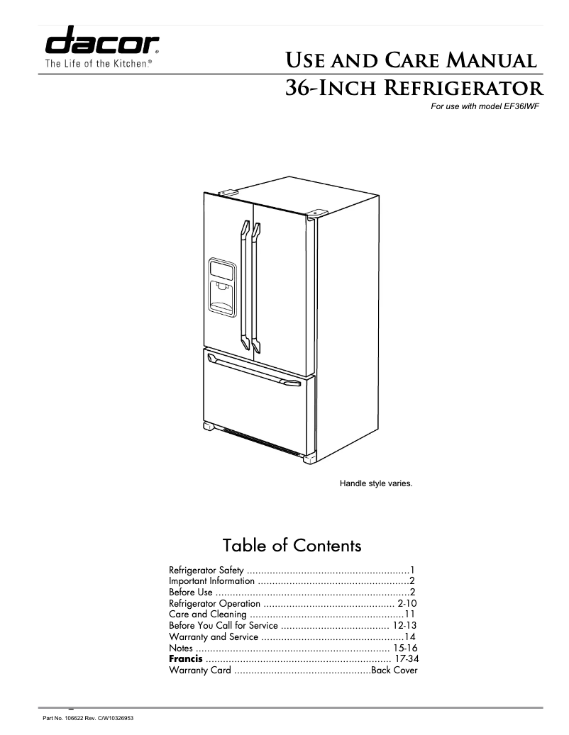 Page n°1 - Manuel utilisateur Dacor EF36IWFSS