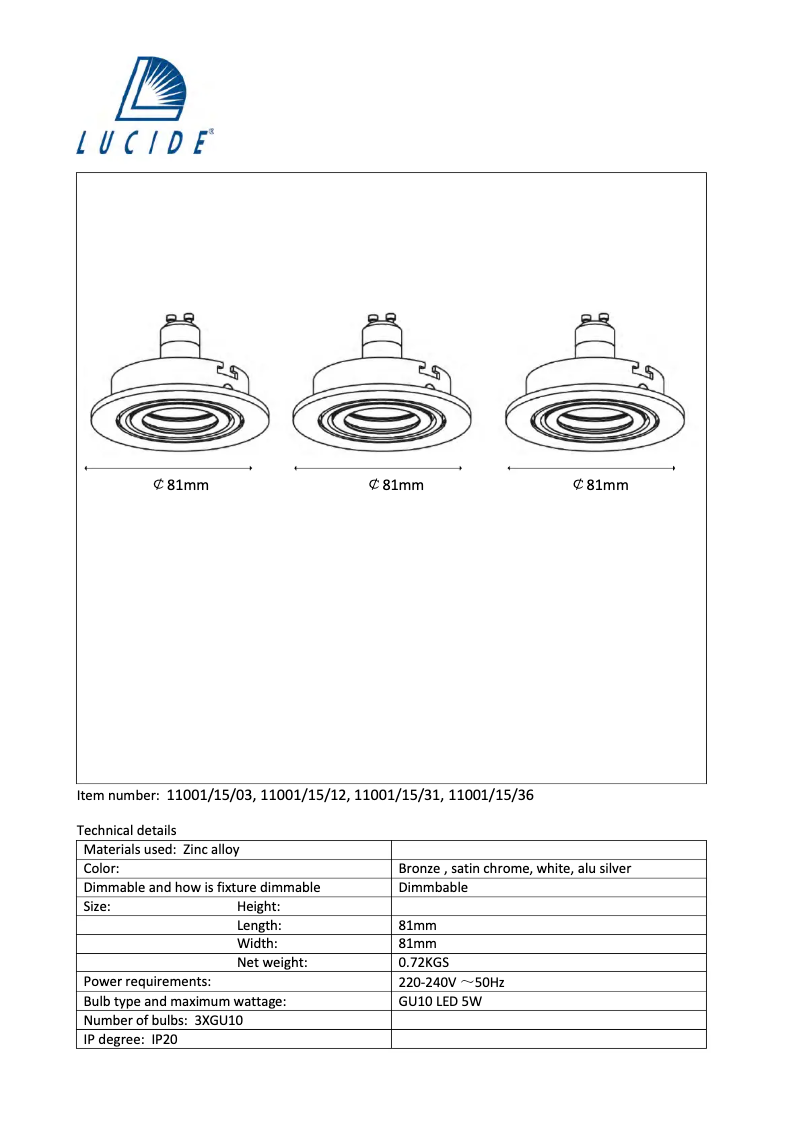 Page 1 de la notice Manuel utilisateur Lucide Focus 11001/15/36