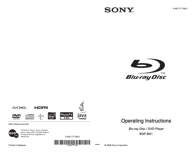 Página 1 del manual Manual de usuario Sony BDP-BX1