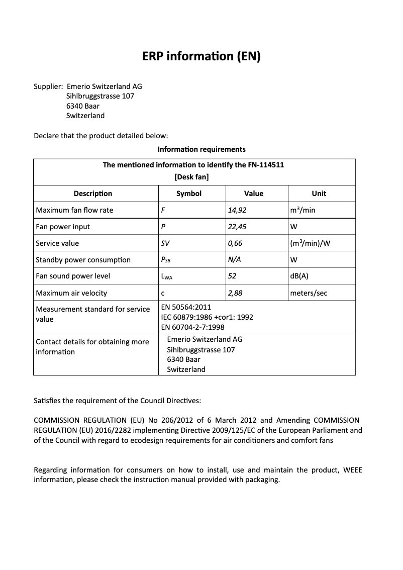 Page 1 de la notice Fiche technique Emerio FN-114511