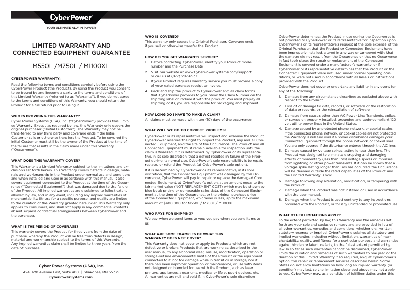 Page 1 de la notice Informations de garantie CyberPower M550L