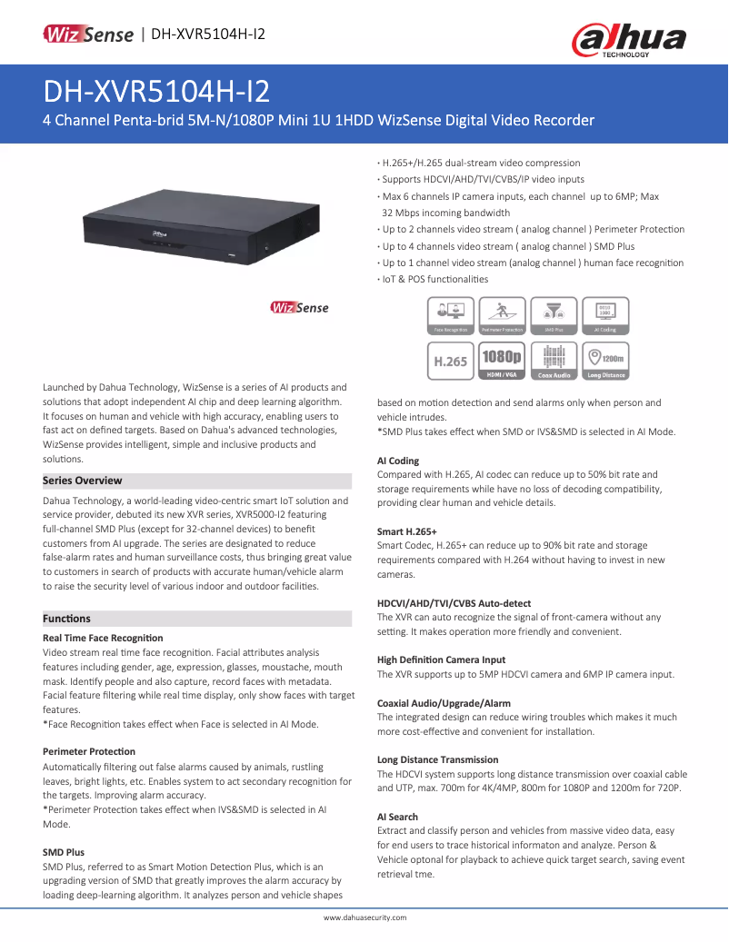 Page 1 de la notice Fiche technique Dahua Technology XVR5104H-I2