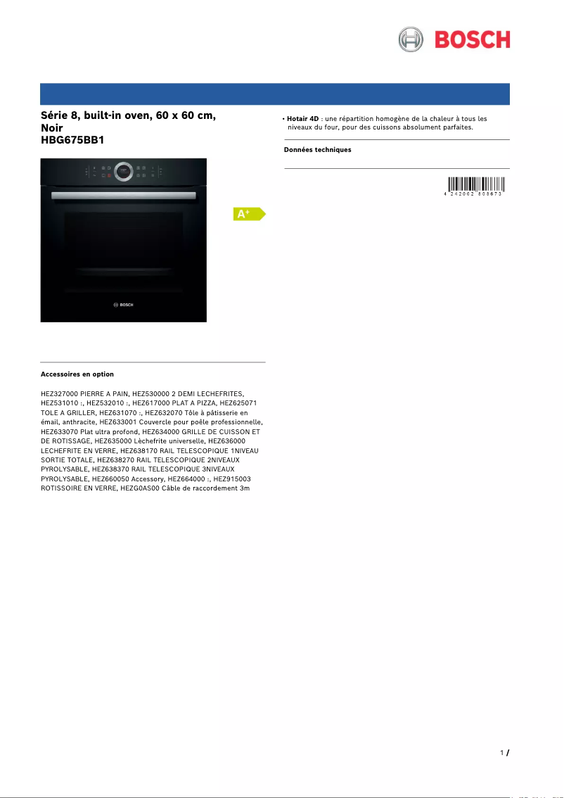 Page 1 de la notice Fiche technique Bosch HBG675BB1