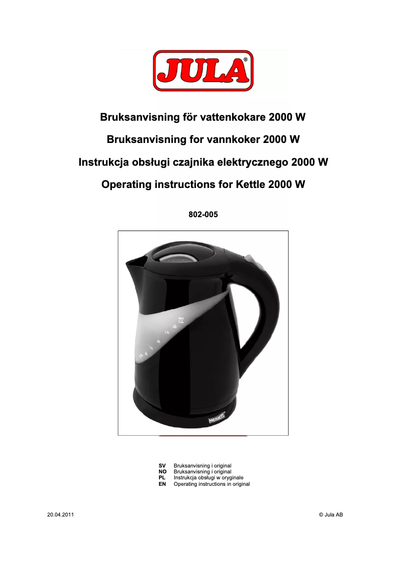 Page n°1 - Manuel utilisateur Menuett 802-005