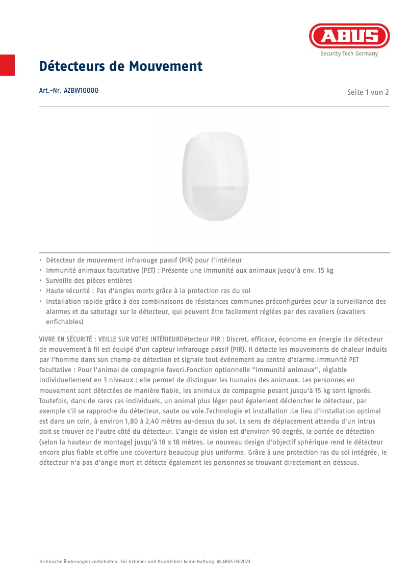 Page n°1 - Fiche technique Abus AZBW10000