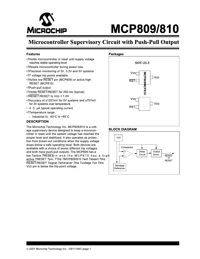 Page 1 de la notice Fiche technique Microchip MCP809