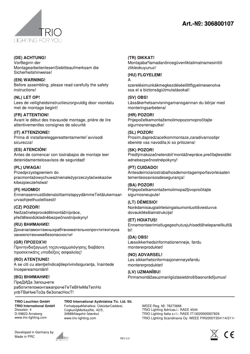 Page 1 de la notice Manuel utilisateur Trio Lighting Meran 306800107