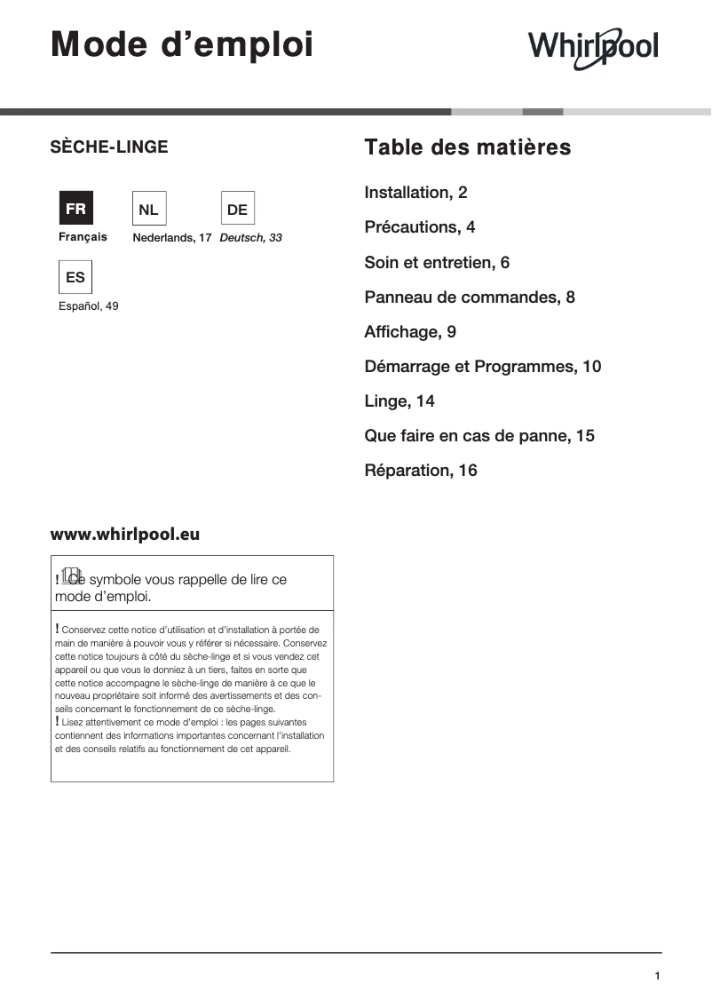 Page n°1 - Mode d'emploi Whirlpool WTD 850B W EU