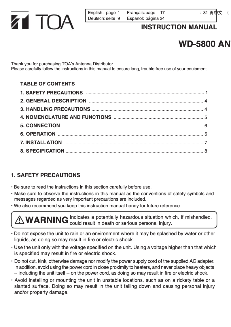 Page 1 de la notice Manuel utilisateur TOA WD-5800