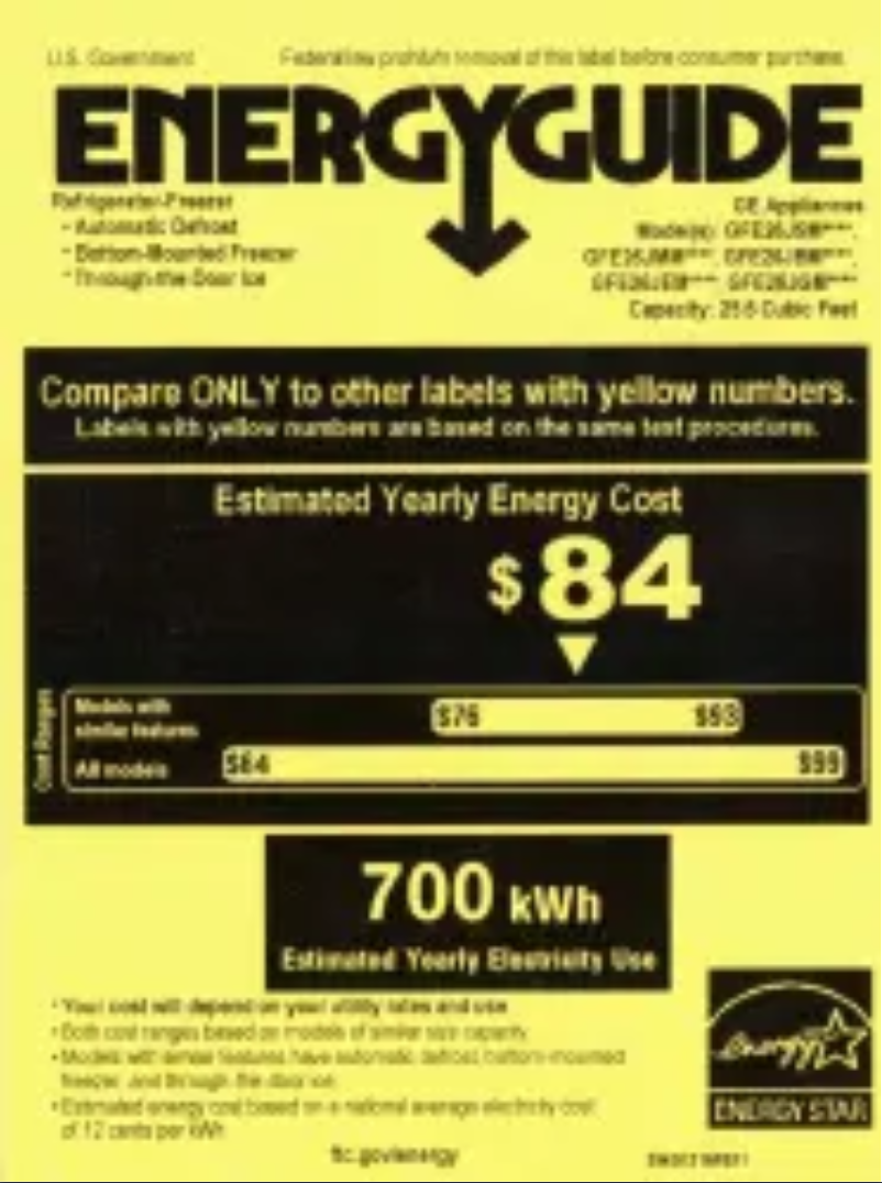 Page 1 de la notice Label énergétique GE GFE26JGMBB