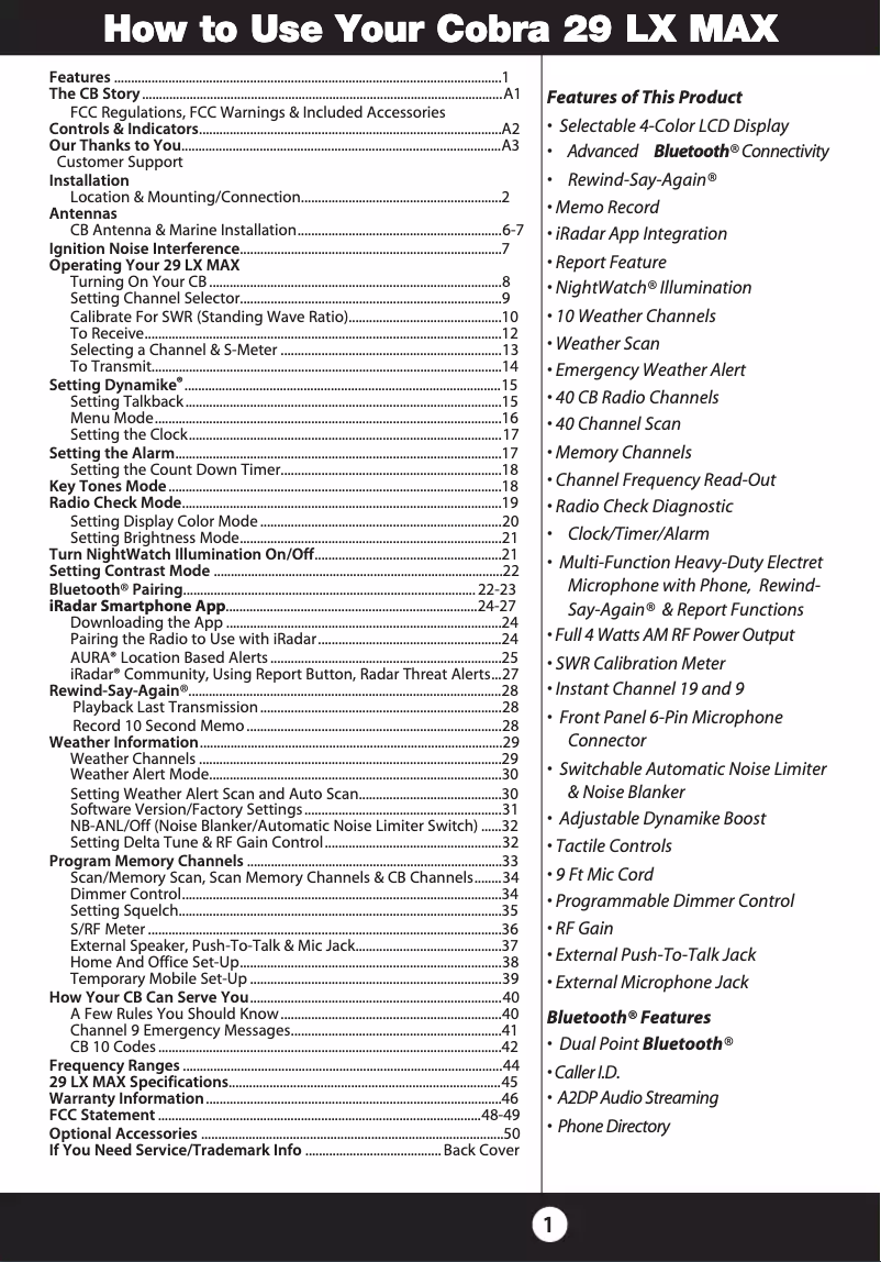 Page 1 de la notice Manuel utilisateur Cobra 29 LX MAX