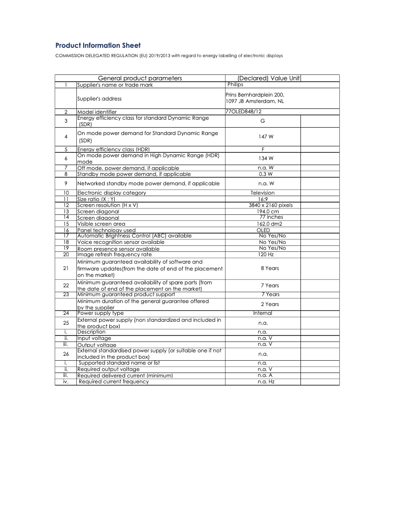 Page 1 of the manual Technical Sheet Philips 77OLED848