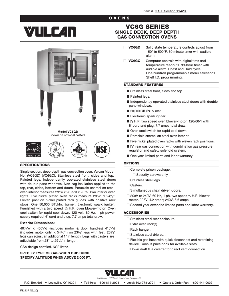 Page 1 de la notice Fiche technique Vulcan VC6GD