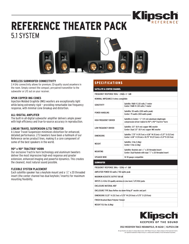 Page 1 de la notice Fiche technique Klipsch Reference Theater 5.1