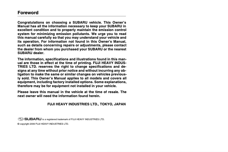 Page 1 de la notice Manuel utilisateur Subaru Tribeca (2007)